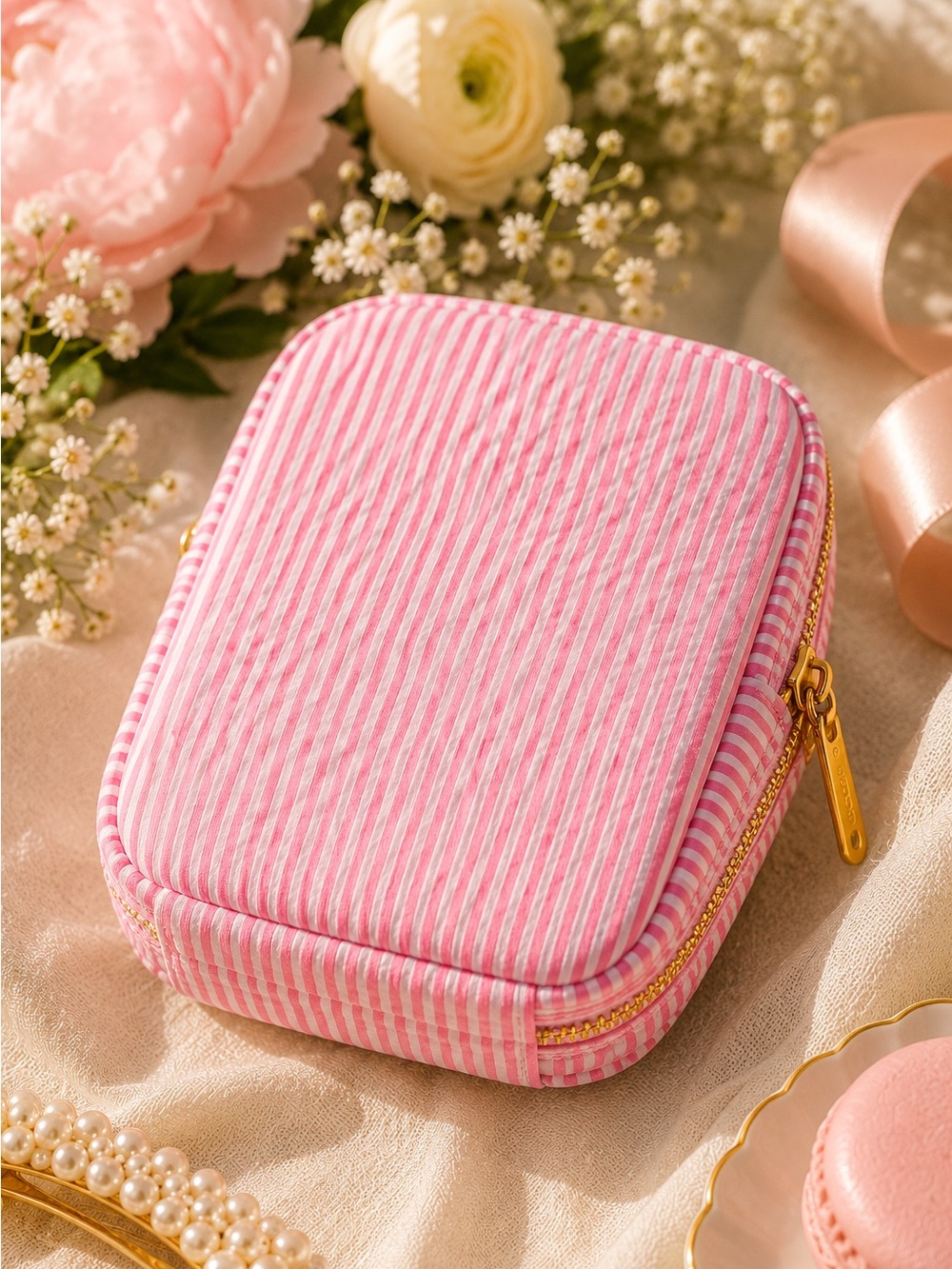 Pastel Seersucker Organizer Pouch | Makeup Bag | Travel Case | Purse Organizer - Picture 3 of 6